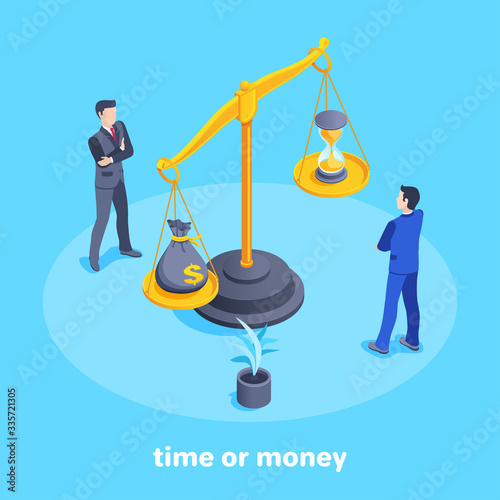 isometric vector image on a blue background, men in business suits look at the scales with a bag of money and an hourglass, the choice of money or time