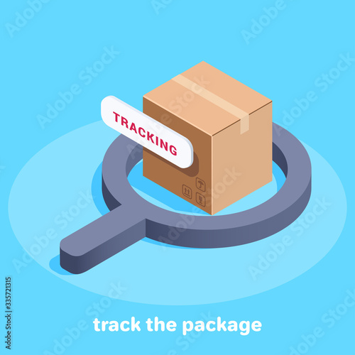 isometric vector image on a blue background, a magnifier and a big box or tracking packages
