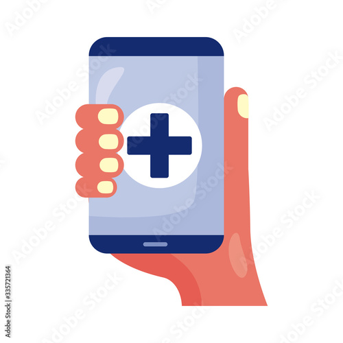 hand with smartphone and medical cross health online detaild style