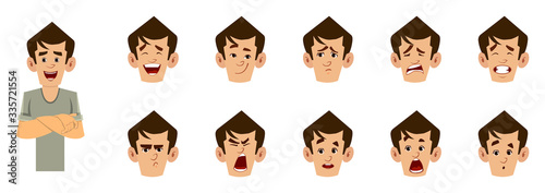 casual man cartoon character with different facial expression set.  different facial emotions for custom animation