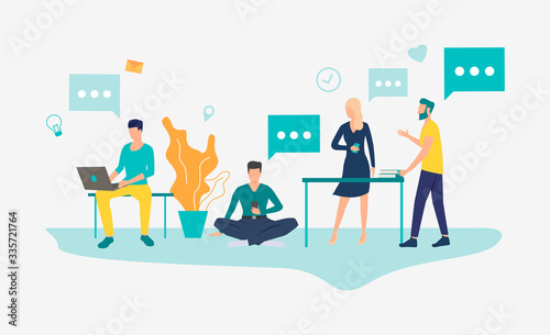 People working in modern office. Workplace, worker, technology concept. Vector illustration can be used for topics like business, communication, coworking space