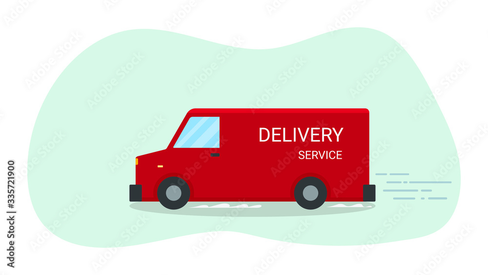 Red delivery van signs. Product goods shipping transport. Fast service truck. Vector illustration. Red delivery van signs. Product goods shipping transport. Fast service truck. Vector illustration.