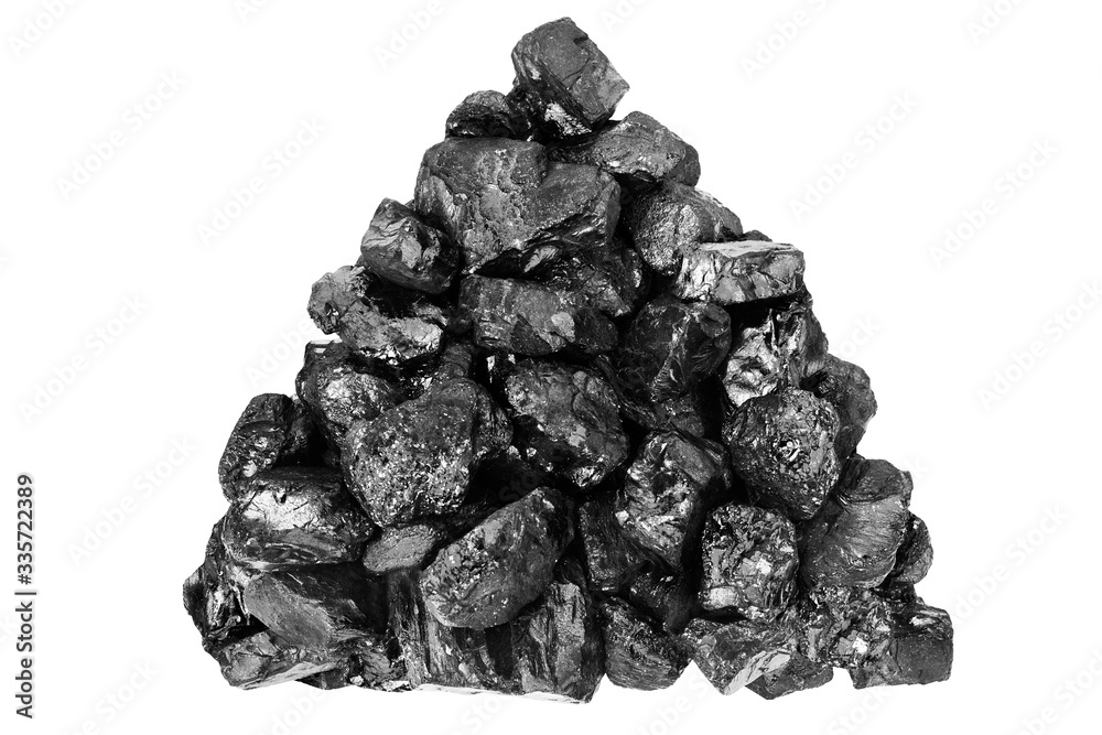 Obraz premium Black coal heap on white background isolated close up, coal stones pile, mineral fossil fuel, anthracite, raw coal mine nuggets, embers pieces, coal mining industry concept, power and energy banner