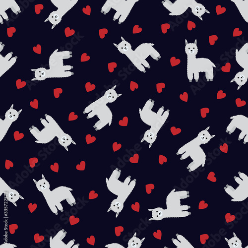 Seamless pattern with llamas alpacas and hearts. Vector illustration.