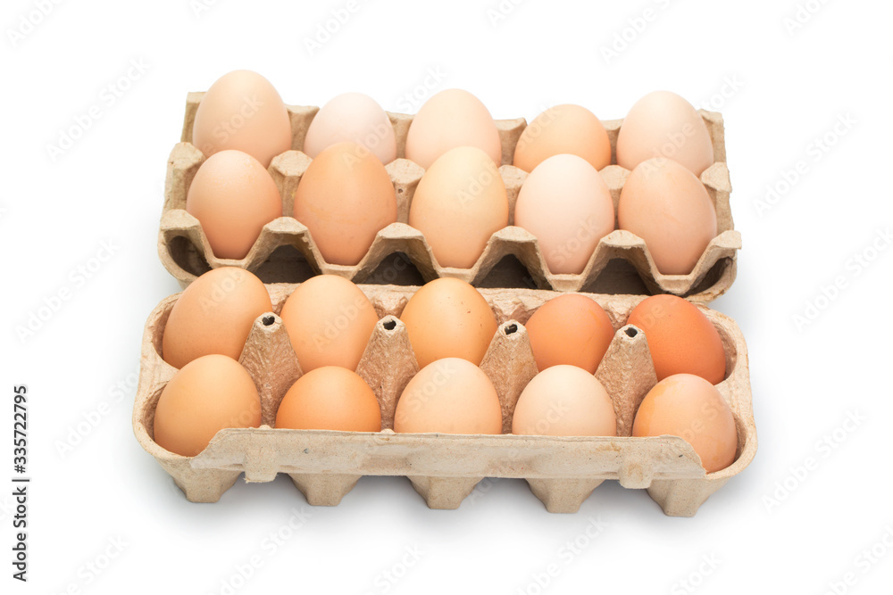 chicken eggs in an open cardboard box with eggs isolated on white. Fresh chicken eggs background. chicken eggs in an open cardboard box with eggs isolated on white. Fresh chicken eggs background.