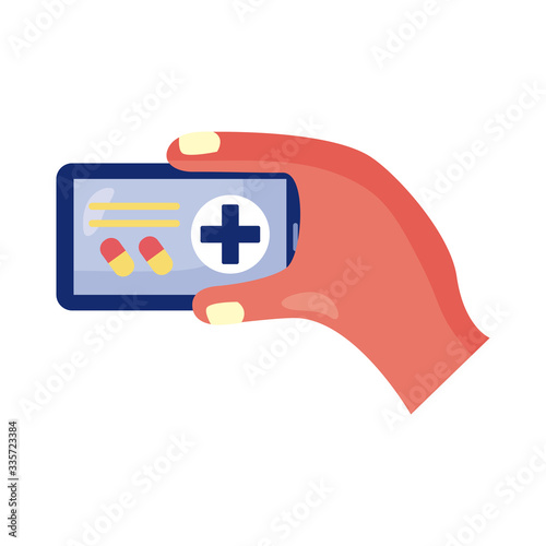 hand with smartphone and medical cross health online detaild style