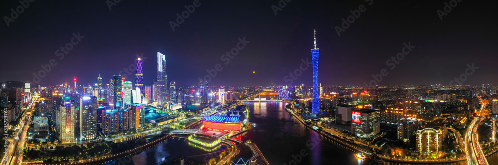Fototapeta premium Aerial photo of night view of CBD skyline in Guangzhou, China