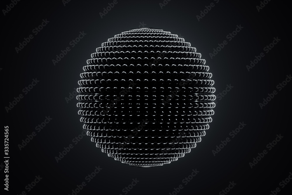 Black graphic abstract ball on a dark background, organic structure, modern graphic design. 3D render, 3D illustration. copy space. Black graphic abstract ball on a dark background, organic structure, modern graphic design. 3D render, 3D illustration. copy space.