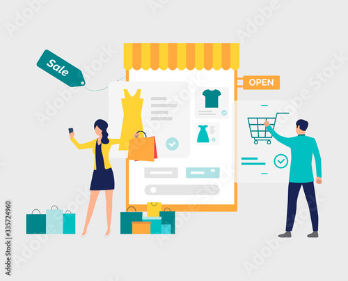 People buying clothes online. Application, offer, advertisement, fashion concept. Can be used for topics like sale, shopping, marketing