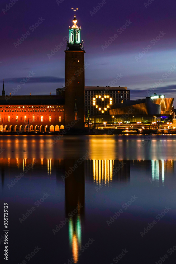 Stockholm, Sweden  The Stockholm City Hall at dawn and large heart sign.