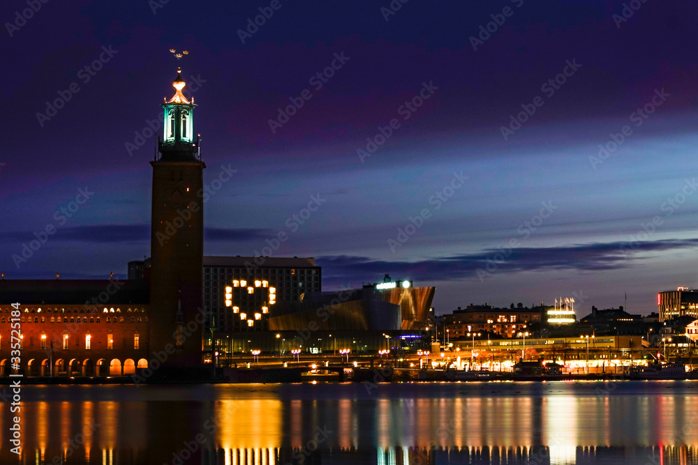 Stockholm, Sweden  The Stockholm City Hall at dawn and large heart sign.