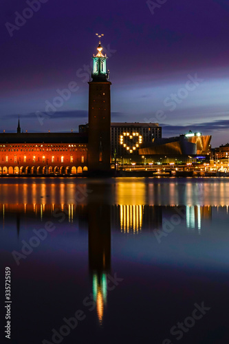 Stockholm, Sweden The Stockholm City Hall at dawn and large heart sign.
