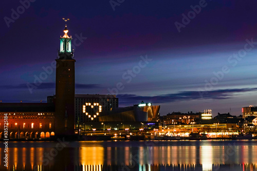 Stockholm, Sweden The Stockholm City Hall at dawn and large heart sign.