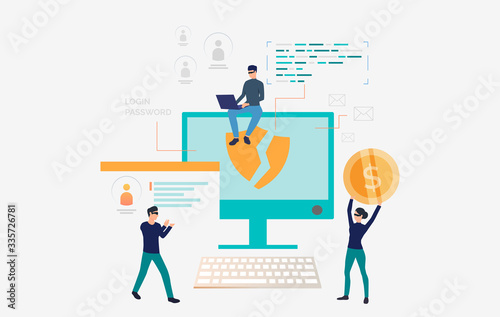 Hackers stealing personal data and money. Cartoon criminals carrying ID card and money. Hacker attack concept. Vector illustration can be used for fraud computer data, hacker identity, cyber thieves