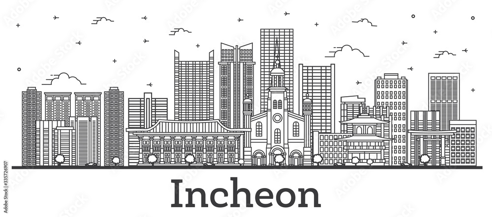 Outline Incheon South Korea City Skyline with Modern Buildings Isolated on White.