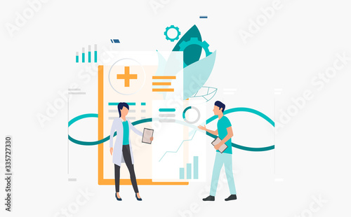 Medics discussing medical record vector illustration. Medical research, clinic, medical insurance. Healthcare concept. Creative design for layouts, web pages, banners