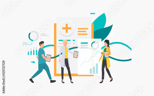 Medical workers analyzing electronic record vector illustration. Diagnostic center, medical innovation, modern clinic. Healthcare concept. Creative design for layouts, web pages, banners