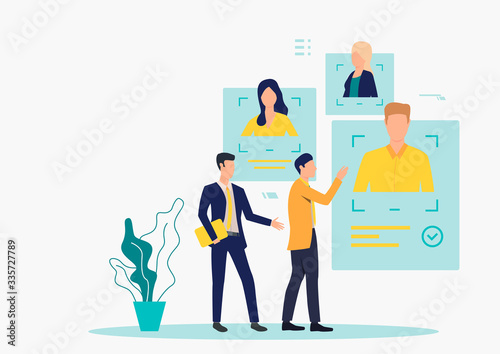 Business leader consulting HR expert. Two men studying candidates profiles. Human resource concept. Vector illustration can be used for topics like employment, personnel search, head hunting