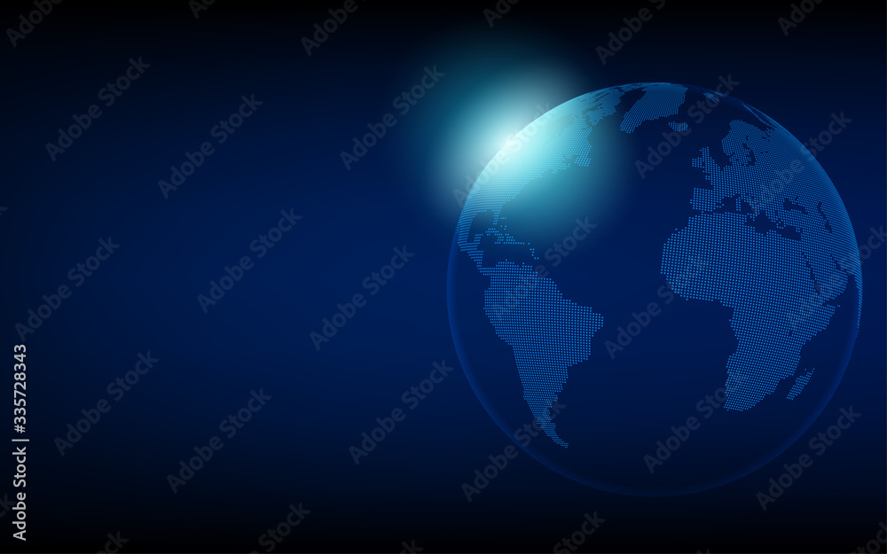 Earth , World map illustration with blue glowing points dotted land, furturistic, copyspace in frame