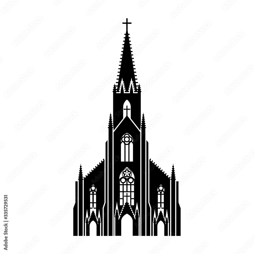Detailed black silhouette of St. Joseph Church in Detroit, Michigan (United States) on a white background. Simple clipart, catholic temple vector icon
