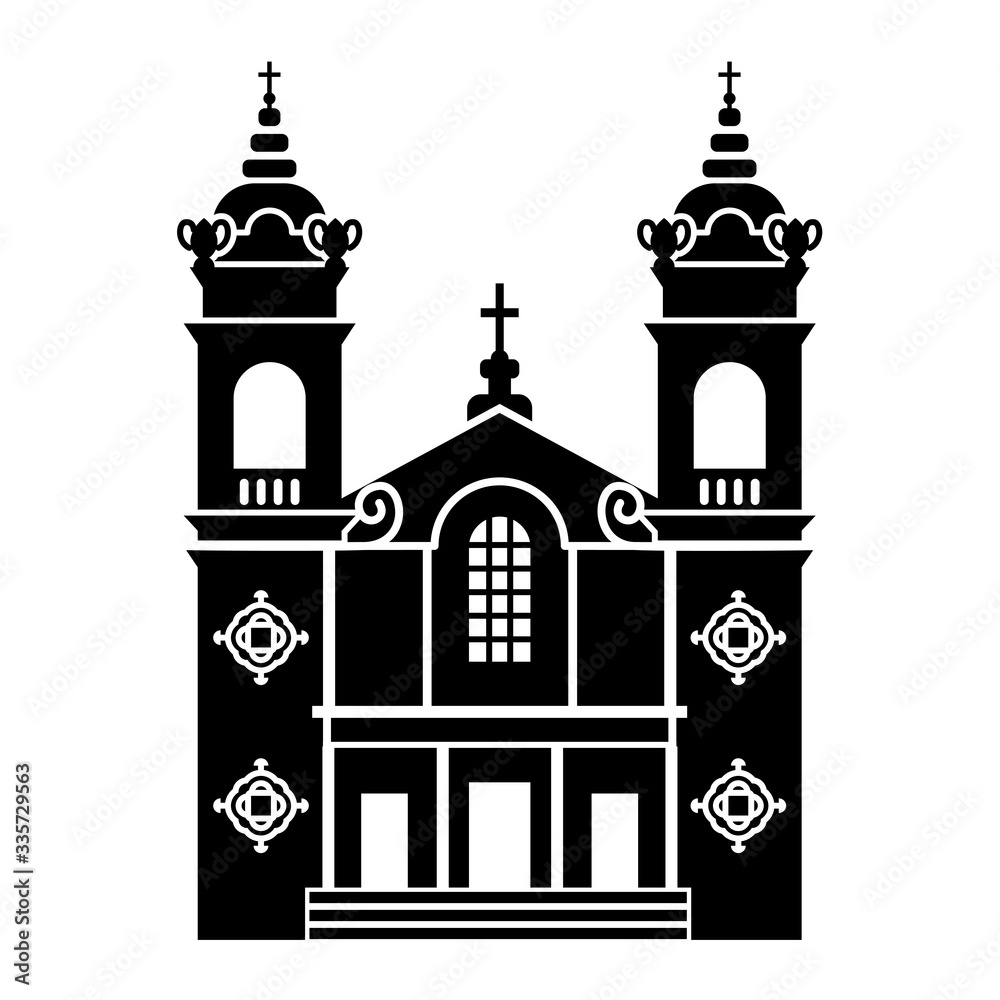 Detailed black silhouette of Catholic Church of Immaculate Heart Of Mary Oratory in San Jose (California, USA) on a white background. Simple clipart, catholic temple vector icon