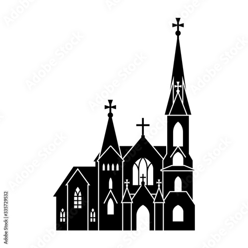 Detailed black silhouette of St. Mary Immaculate Conception Church Tomah (Wisconsin, United States) on a white background. Simple clipart, catholic temple vector icon