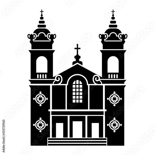 Detailed black silhouette of Catholic Church of Immaculate Heart Of Mary Oratory in San Jose (California, USA) on a white background. Simple clipart, catholic temple vector icon