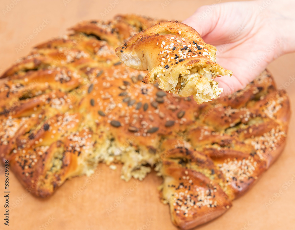 Piece of round cheese pie with green onion, dill, white sesame, black sesame Piece of round cheese pie with green onion, dill, white sesame, black sesame