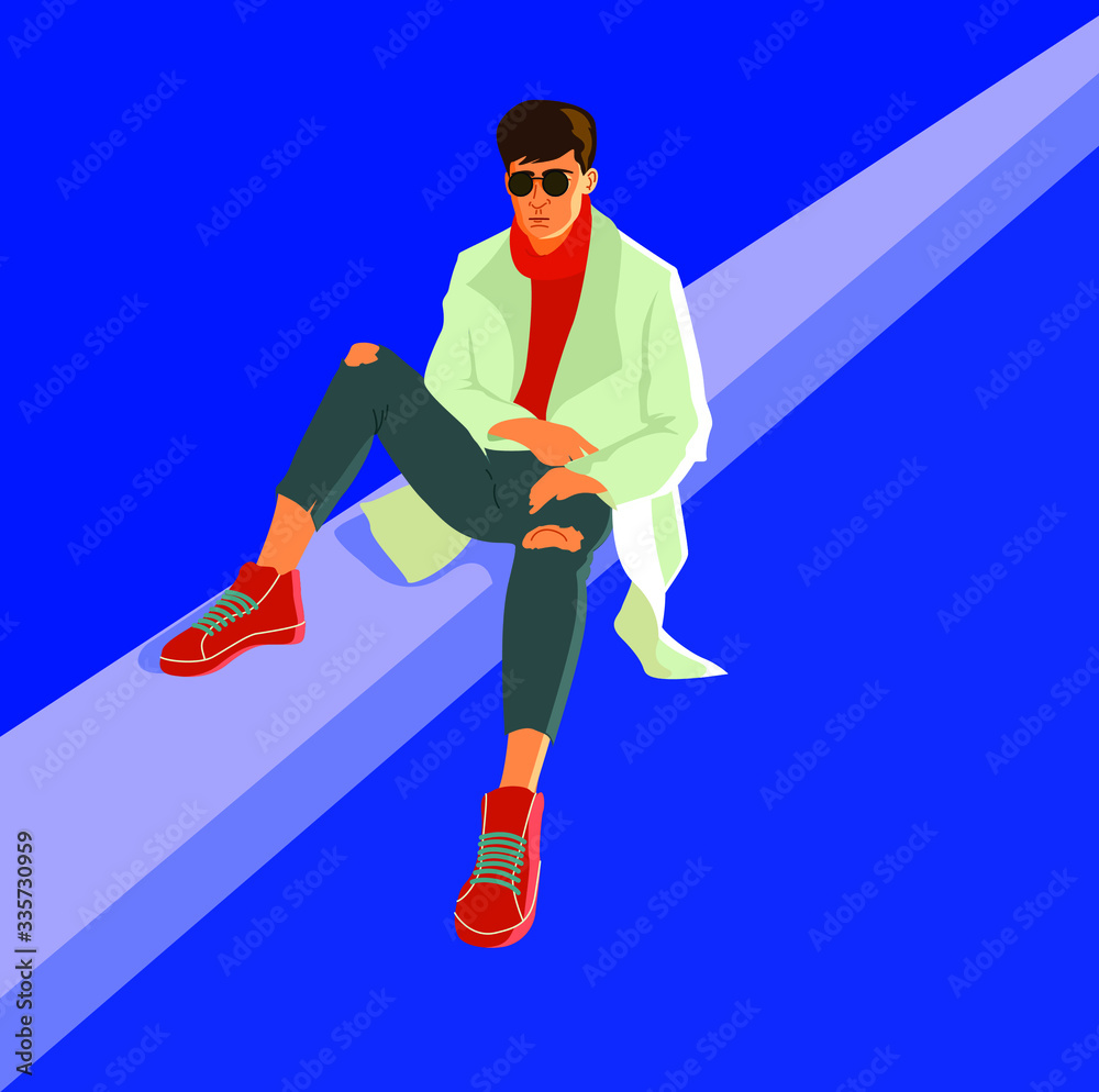 Fashionable man in long coat and torn jeans seating on curb. Isolated vector illustration. Blue background.