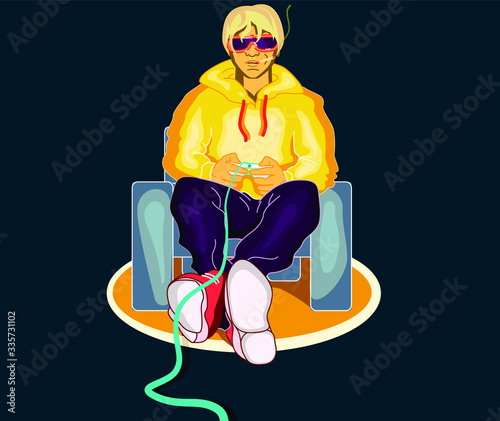 Hype beast man in cool clothes plays retro video games in armchair. Vector illustration. Isolated on dark background.
