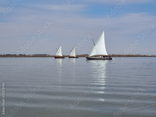 Boats with Latin sail in the albufera de Valencia, Spain