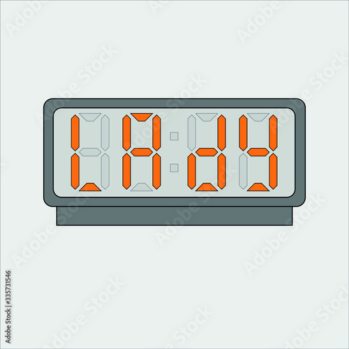 Vector image or picture of digital clock or alarm with orange letters showing text on the light grey background. Stylized word lady on digital or electronic device