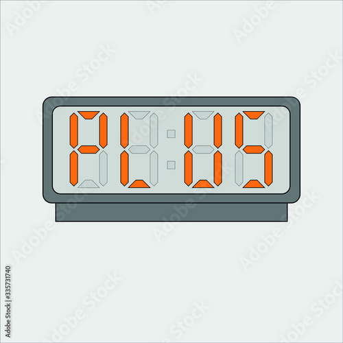 Vector image or picture of digital clock or alarm with orange letters showing text on the light grey background. Stylized word plus on digital or electronic device