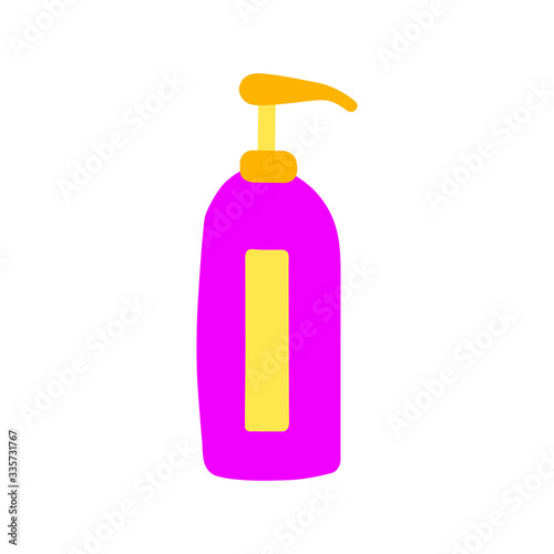 Cartoon bottle of cosmetics. Packaging of soap, cream, lotion for body and face, gel, shampoo, balm. Violet yellow tube with dispenser. Cute Scandinavian fashion product. Vector stock illustration