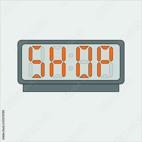 Vector image or picture of digital clock or alarm with orange letters showing text on the light grey background. Stylized word shop on digital or electronic device