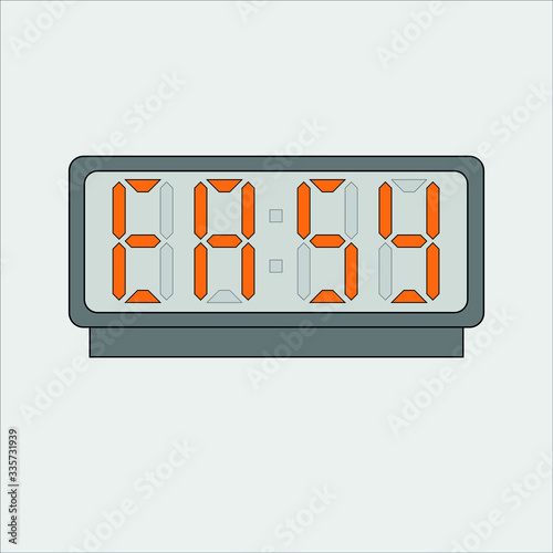 Vector image or picture of digital clock or alarm with orange letters showing text on the light grey background. Stylized word easy on digital or electronic device