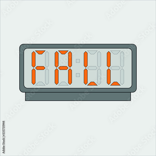 Vector image or picture of digital clock or alarm with orange letters showing text on the light grey background. Stylized word fall on digital or electronic device