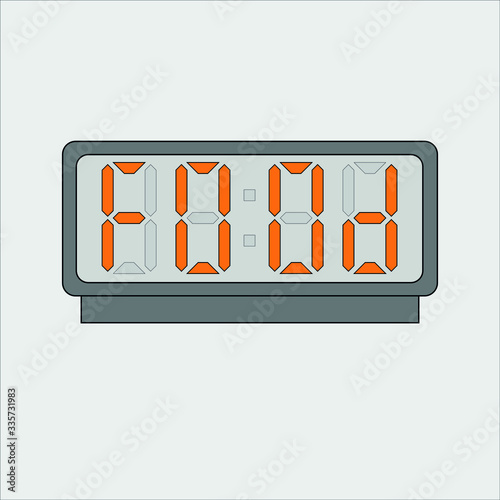Vector image or picture of digital clock or alarm with orange letters showing text on the light grey background. Stylized word food on digital or electronic device
