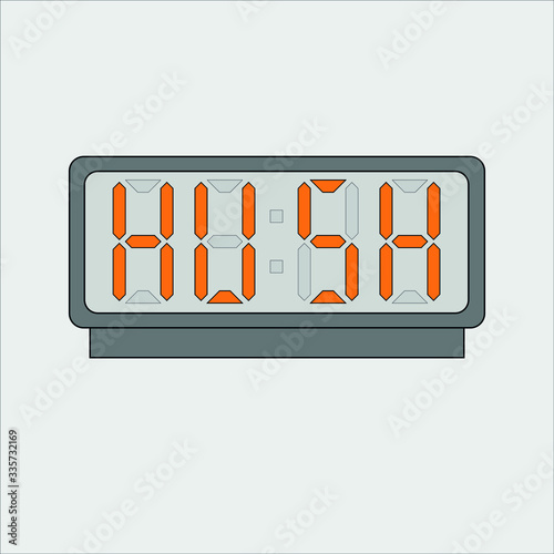 Vector image or picture of digital clock or alarm with orange letters showing text on the light grey background. Stylized word hush on digital or electronic device