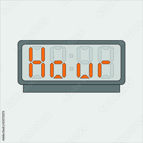 Vector image or picture of digital clock or alarm with orange letters showing text on the light grey background. Stylized word hour on digital or electronic device