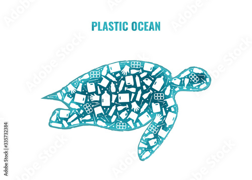 Stop ocean plastic pollution concept vector illustration. Turtle marine reptile silhouette filled with plastic garbage flat icons. Global environmental problem banner, ocean pollution ecology concept