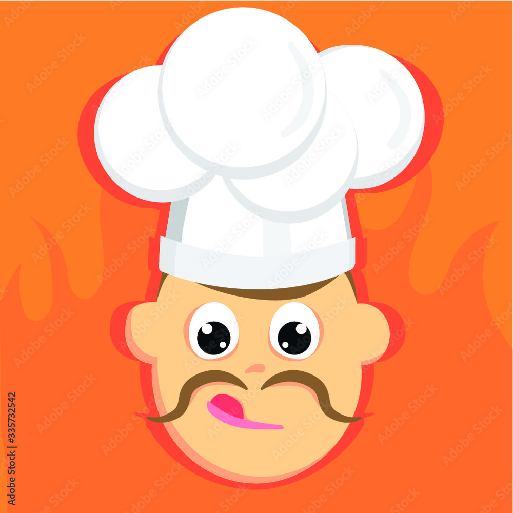Square illustration of face of chef with moustache on orange background with fire. Flat vector. Square illustration of face of chef with moustache on orange background with fire. Flat vector.