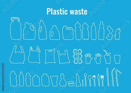 Plastic containers and single use dishes set vector illustration. Plastic waste problem symbol collection. Used plastic package, dishes and containers outline icons for earth day pollution concept