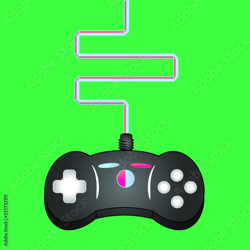 Top view of retro controller of old game console on green background. Flat lay. Vector illustration.