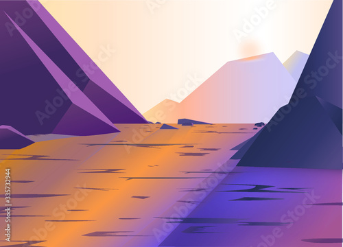 Beautiful landscape of rocky mountains and big lake with reflections and shades on surface under sunset. Vector Illustration.