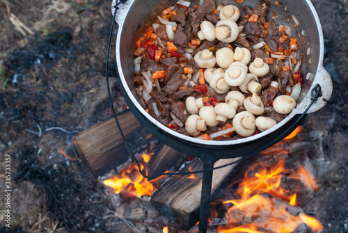 stew with meat and mushrooms top view, cooking over a fire,