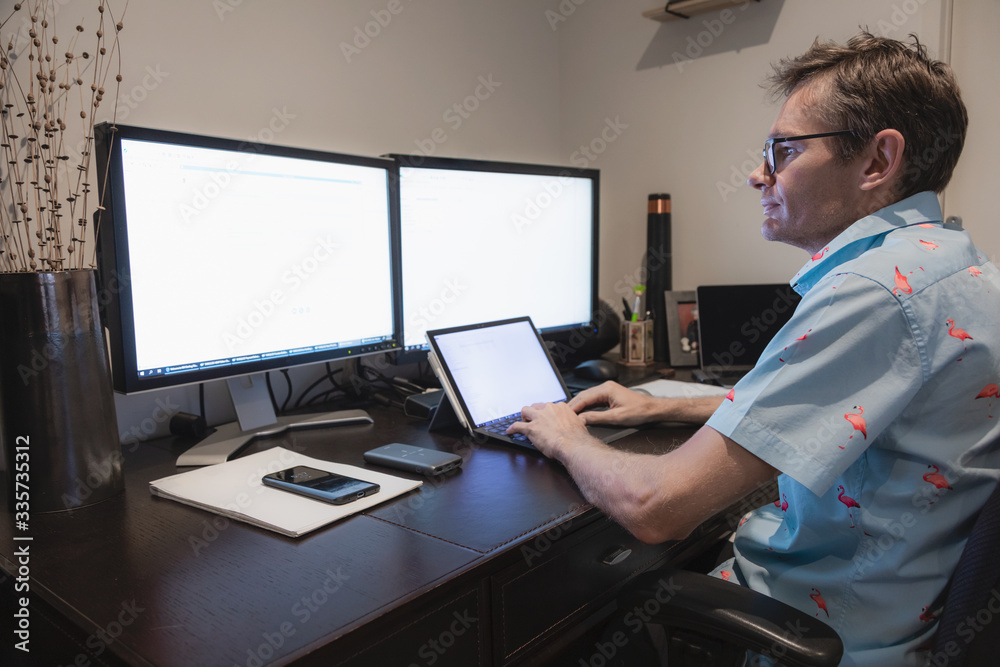 Middle aged man working from home from his home office Middle aged man working from home from his home office