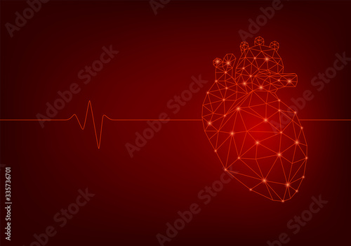 Human heart beats, polygonal style. Triangle connected dots. Medicine disease drug treatment painful area. Red triangles polygonal shape. Vector illustration
