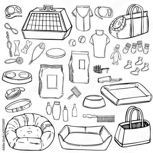 Hand drawn dog stuff set. Toys, food, and pet care accessories. Vector sketch  illustration.