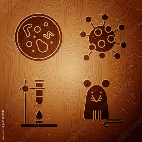 Set Rat, Bacteria, Glass test tube flask on fire heater and Bacteria on wooden background. Vector